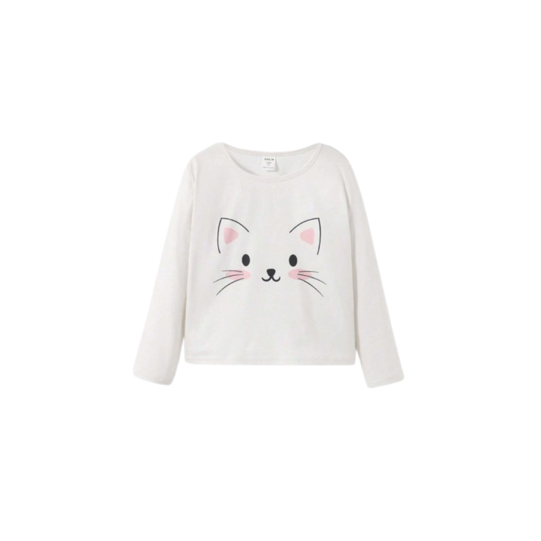 🐱 Polera Manga Larga Estampado Gatito - Blanco