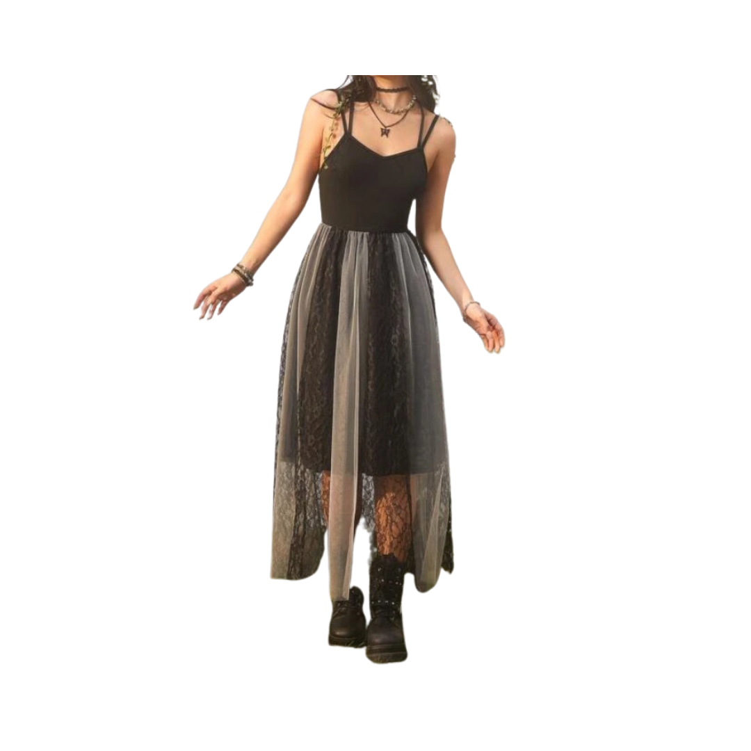 Vestido Largo con Encaje y Apliques de Mariposa - Negro