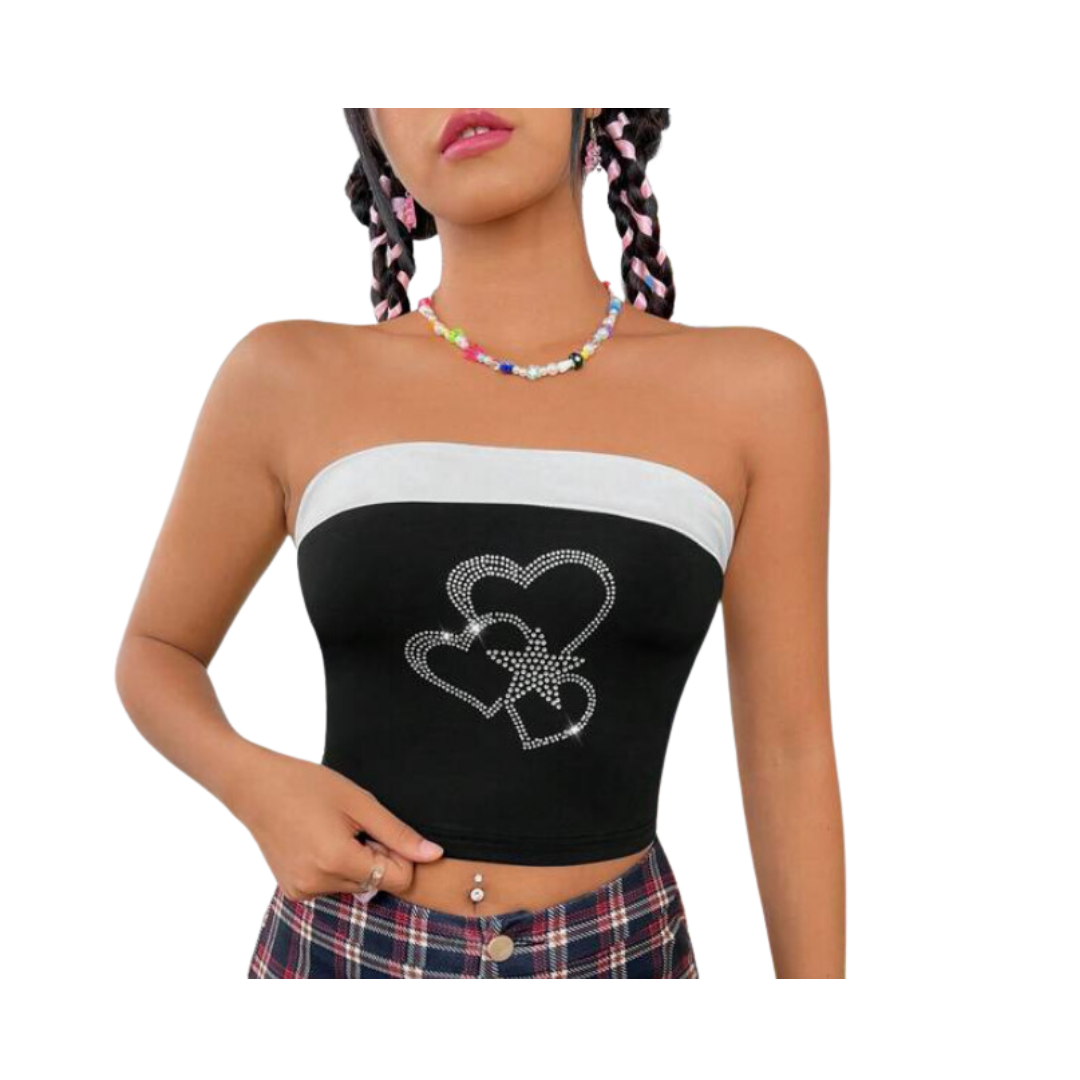Top Strapless Blanco y Negro con Detalle de Corazones 💎🖤