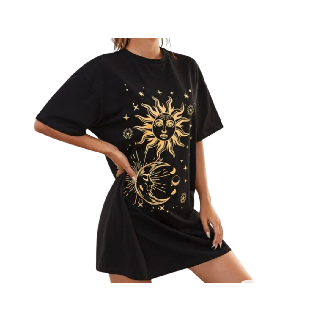 Vestido Oversize Negro con Estampado de Sol y Luna ✨