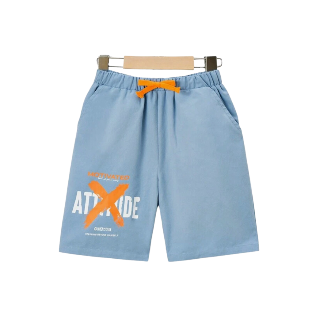 Shorts Casual Celeste con Estampado "Attitude" 🔵🧡