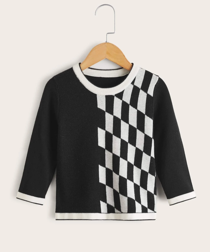 Pullover Casual de Blanco y Negro con Patrón Geométrico