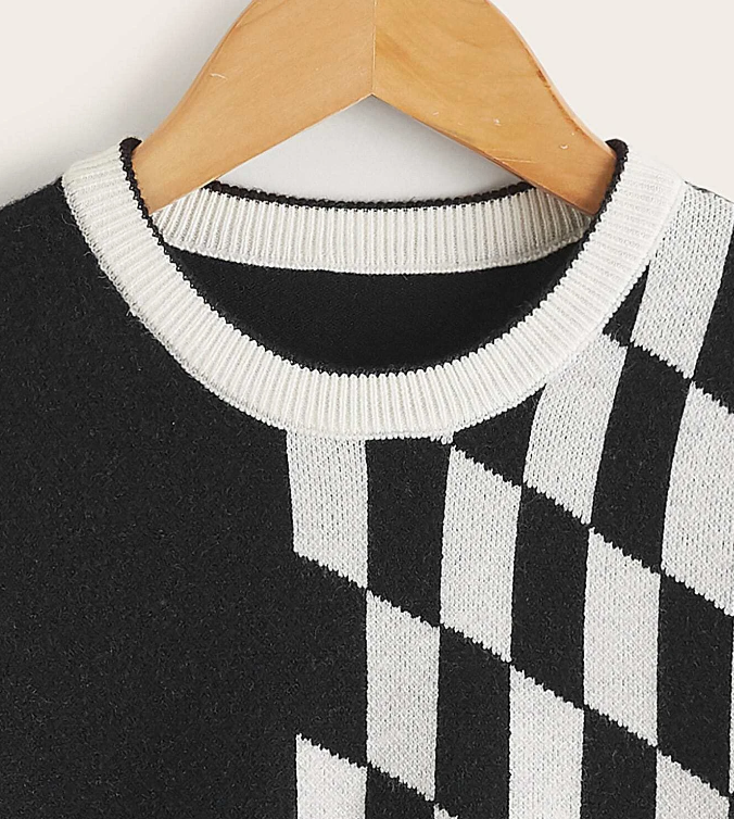 Pullover Casual de Blanco y Negro con Patrón Geométrico