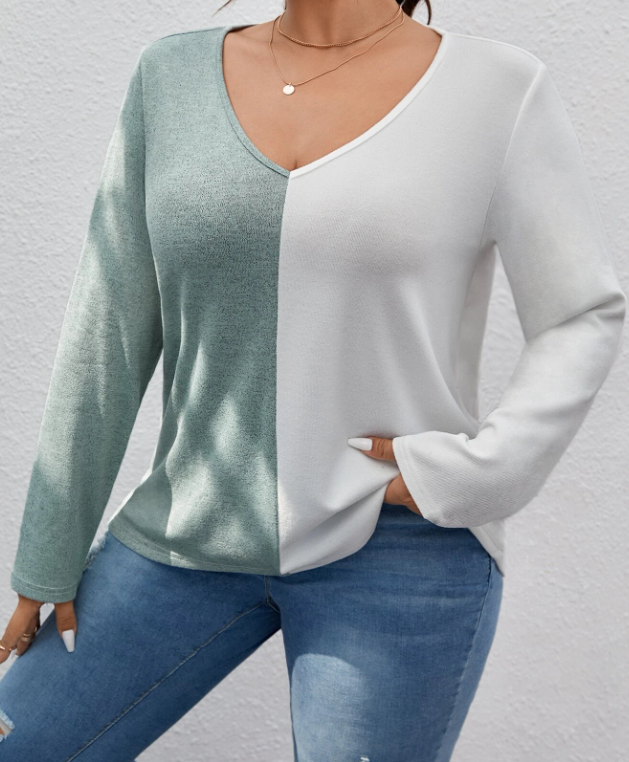 Camiseta Bicolor de Cuello en V Tallas Grandes