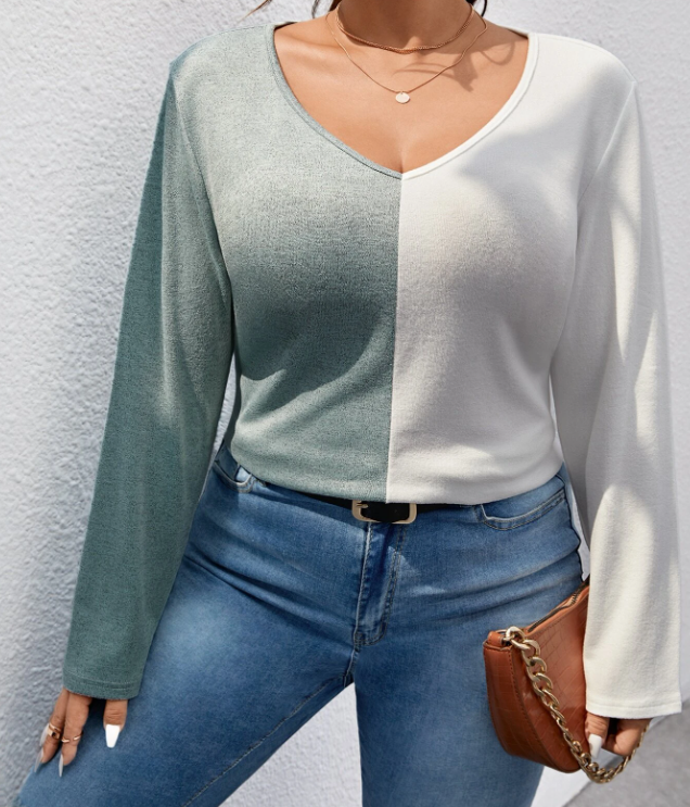 Camiseta Bicolor de Cuello en V Tallas Grandes