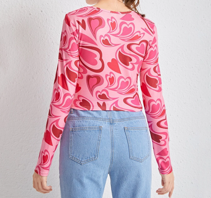 Top de Manga Larga con Estampado de Corazones