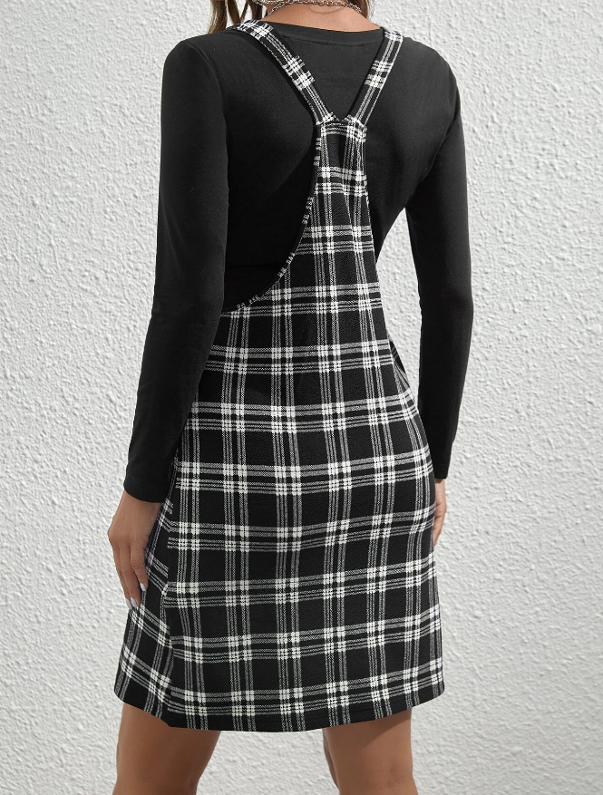 Conjunto Casual de 2 Piezas en Blanco y Negro con Estampado a Cuadros