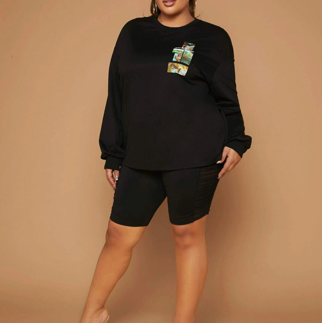 Sudadera Negra Casual con Estampado de Dibujos Animados y Letras