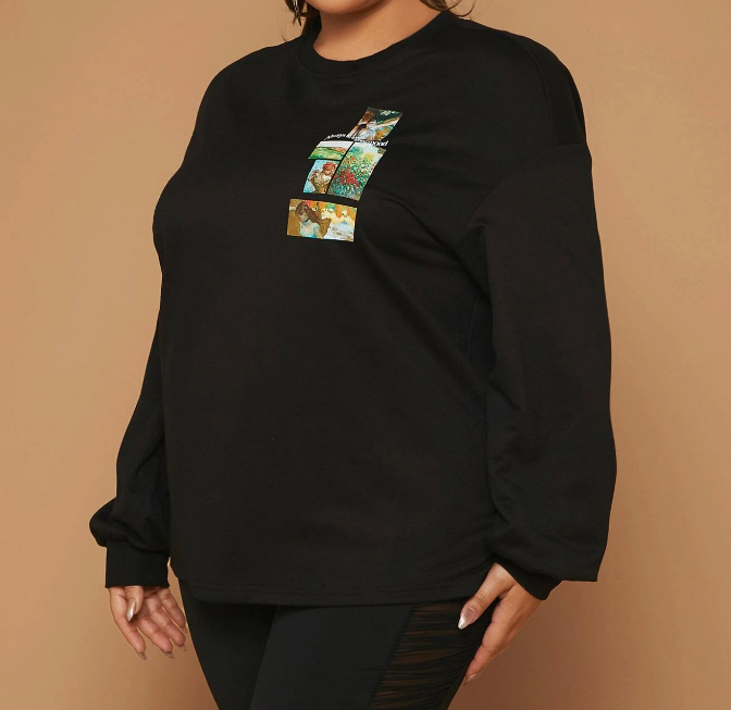 Sudadera Negra Casual con Estampado de Dibujos Animados y Letras