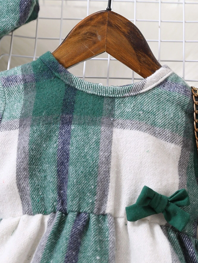 Vestido a Cuadros con Lazo para Chicas - Verde