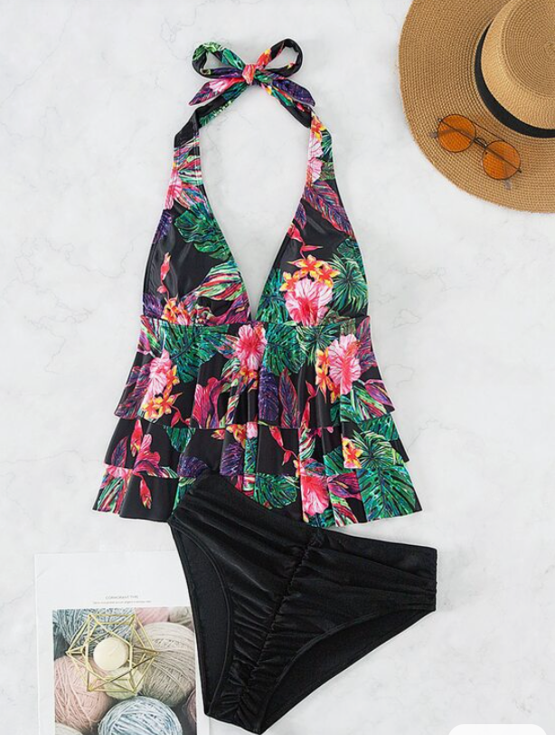 Bikini Halter con Estampado Tropical y Volantes ✨