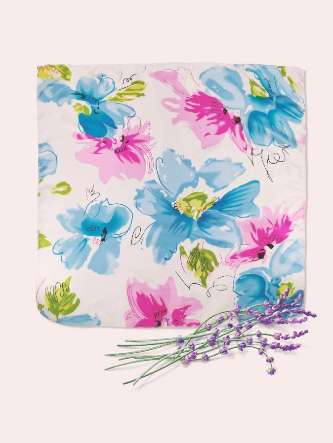 Pañuelo Floral con Estampado Multicolor - Celeste