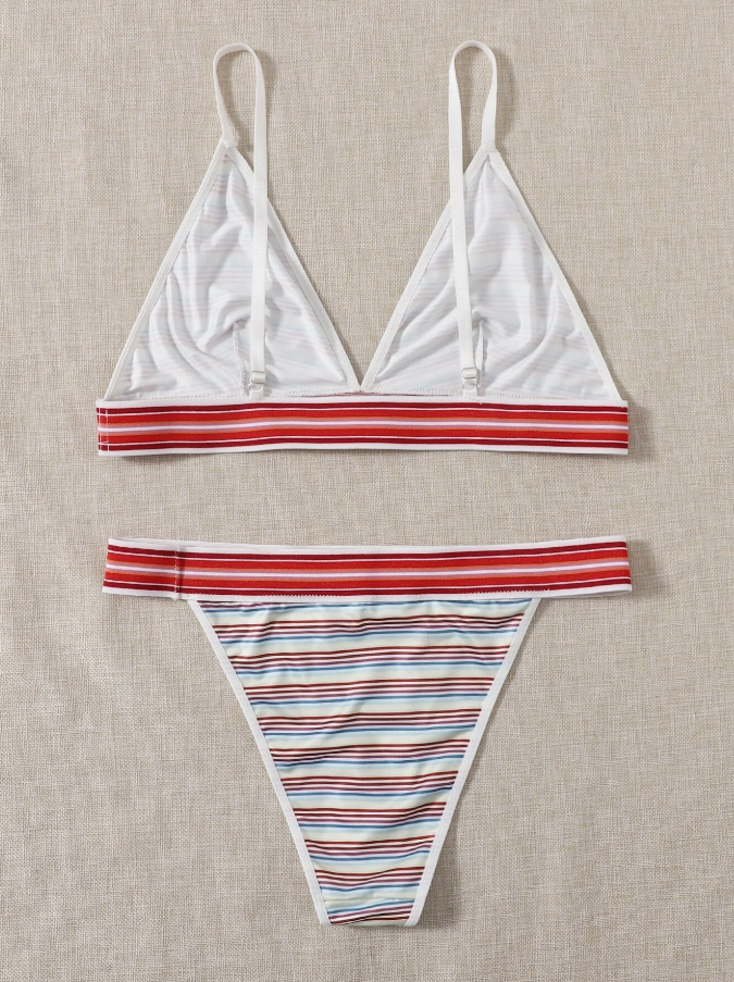 Conjunto de Lencería Multicolor a Rayas con Tanga en V