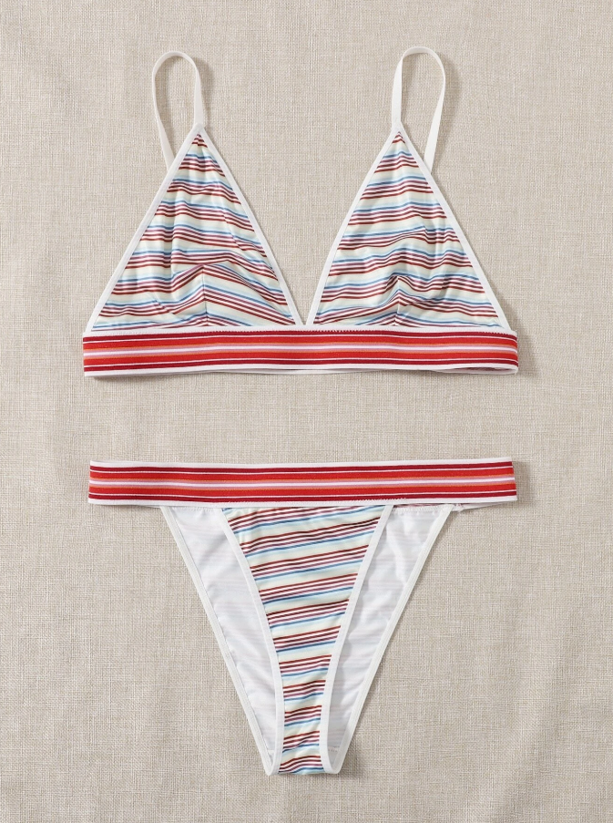 Conjunto de Lencería Multicolor a Rayas con Tanga en V