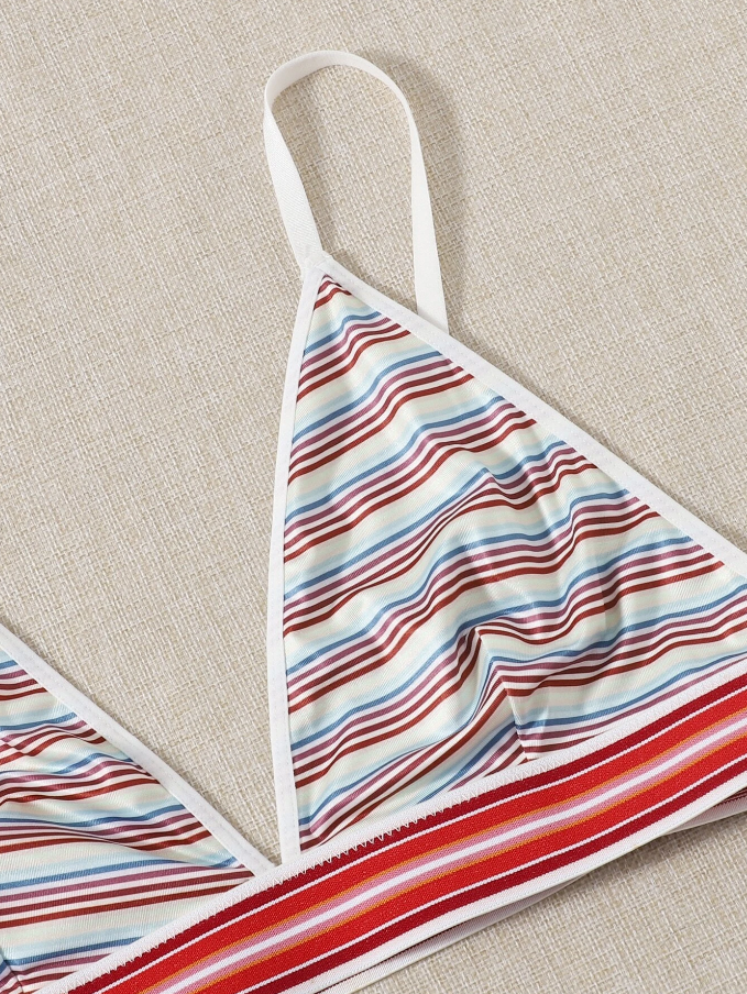 Conjunto de Lencería Multicolor a Rayas con Tanga en V