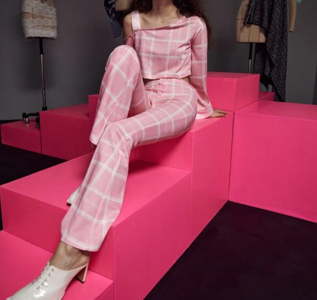 Camiseta Casual a Cuadros - Rosa y Blanco