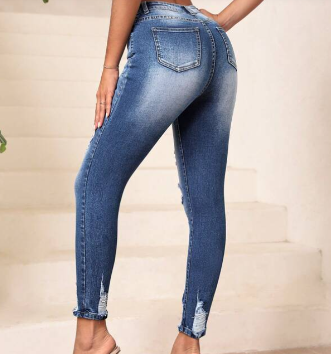 Jeans Ajustados Talle Alto Azul Lavado Medio