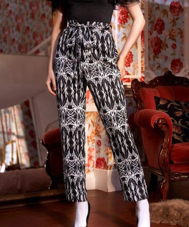 Pantalón Estampado de Cintura Alta con Lazo