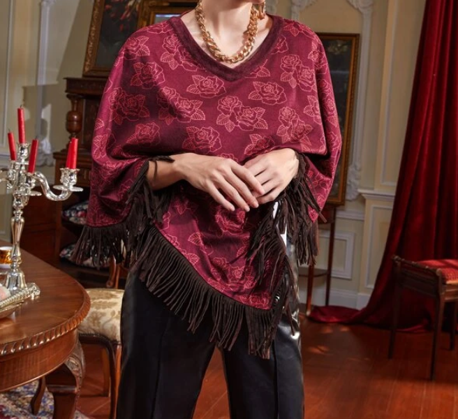 Poncho Floral con Flecos