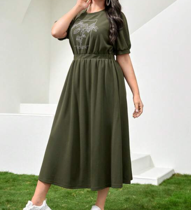 Vestido Midi Casual con Estampado Floral - Verde Militar