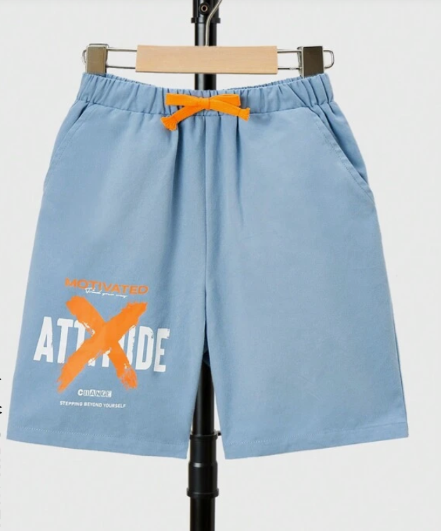 Shorts Casual Celeste con Estampado "Attitude" 🔵🧡