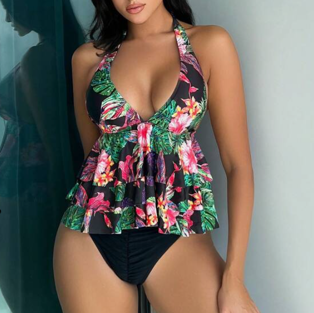 Bikini Halter con Estampado Tropical y Volantes ✨