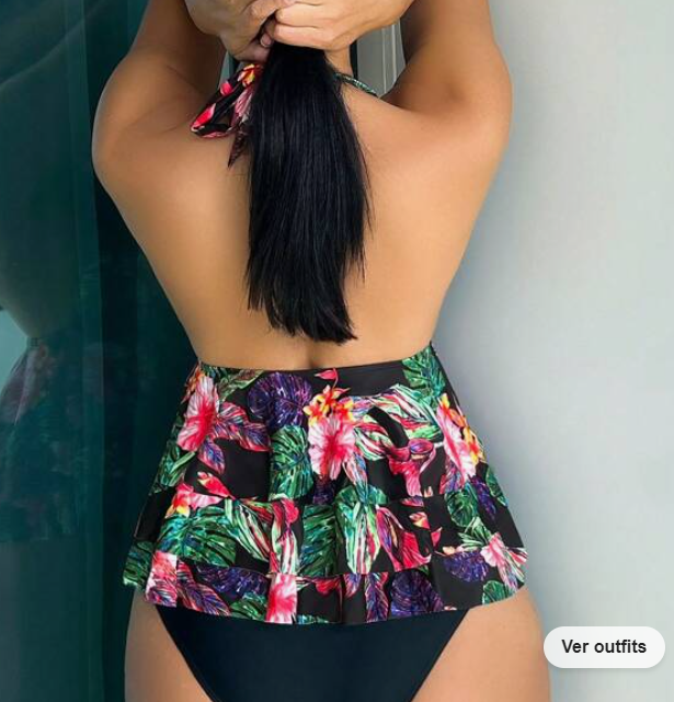 Bikini Halter con Estampado Tropical y Volantes ✨