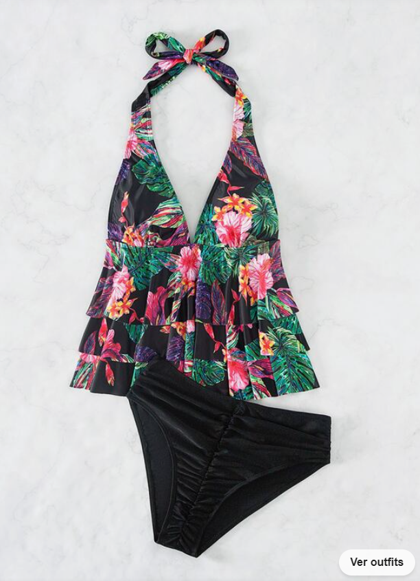 Bikini Halter con Estampado Tropical y Volantes ✨