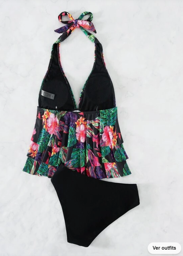 Bikini Halter con Estampado Tropical y Volantes ✨