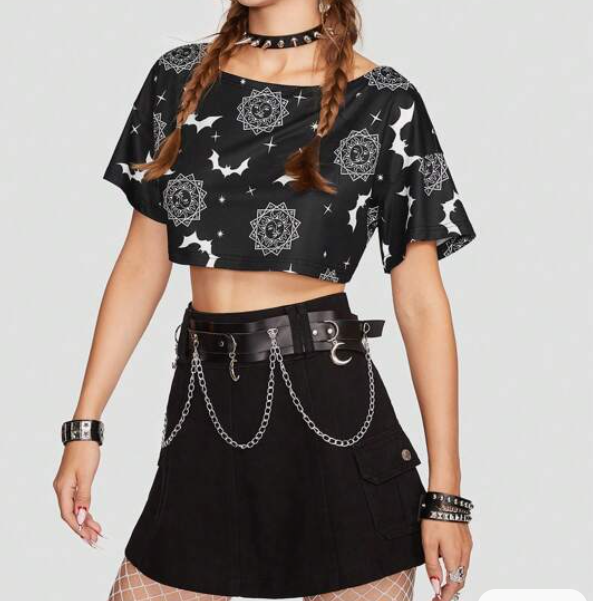 Top Crop con Estampado Integral - Negro