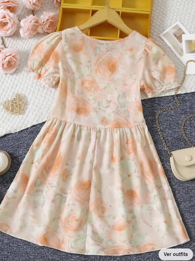 Vestido Smock Floral Rosa Pálido con Manga Farol 🌸