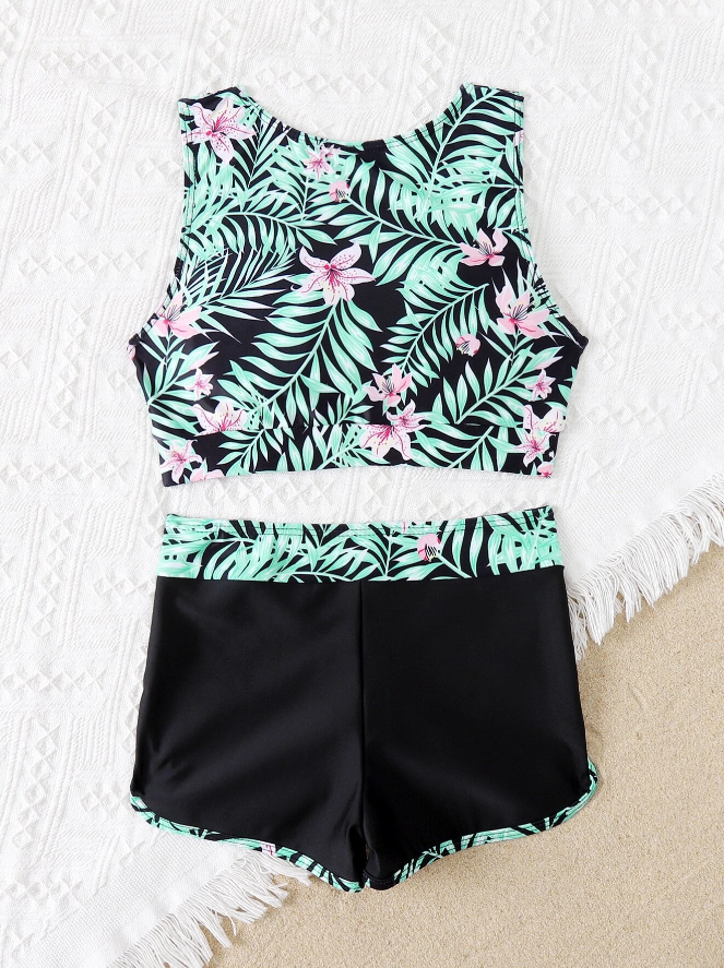 🌺 Bikini Deportivo con Estampado Tropical – 2 Piezas