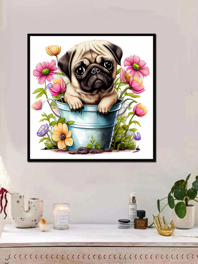 Pintura de Diamantes DIY - Patrón de Perro en Flores