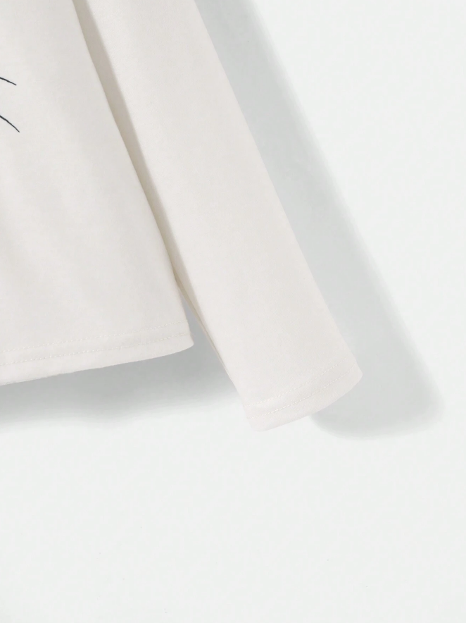 🐱 Polera Manga Larga Estampado Gatito - Blanco