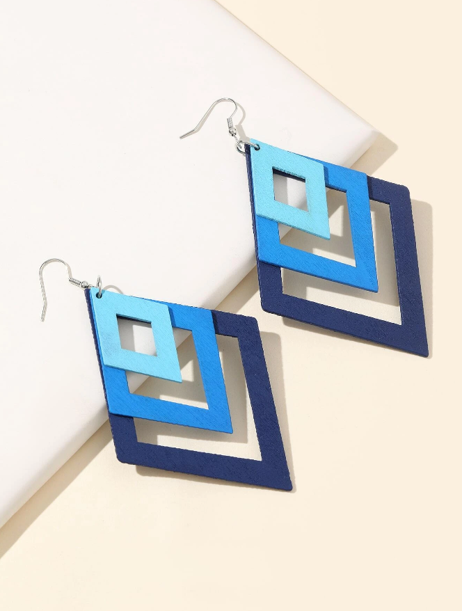 🔷 Pendientes Geométricos – Degradé Azul en Madera
