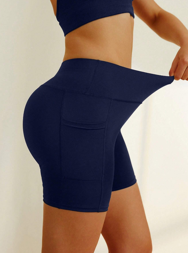 💙 Pantalones Cortos de Yoga de Cintura Alta con Control de Abdomen y Bolsillos