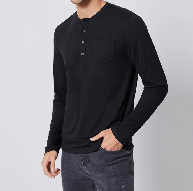 🖤 Camiseta Henley Hombre – Manga Larga Negra de Punto