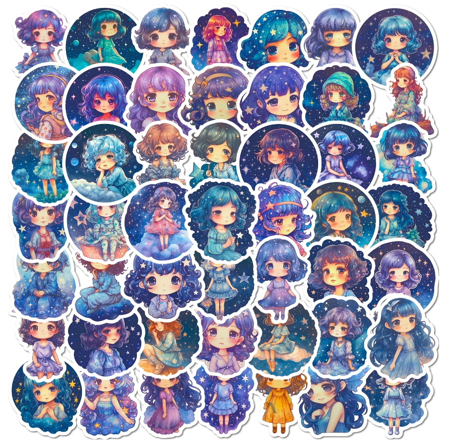 💙 Stickers Muñecas Celestiales – Pack de 10 Unidades & Estilo Fantasía