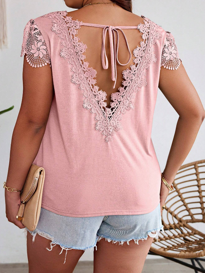 🌸 Camiseta de Talla Grande con Encaje en Empalme y Lazada en la Espalda