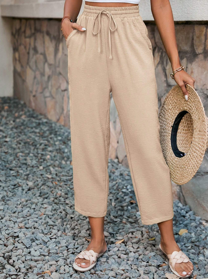 🤎 Pantalones Cónicos con Cintura con Cordón y Textura Unicolor