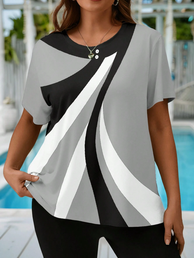 🌀 Camiseta Holgada de Cuello Redondo con Estampado Geométrico