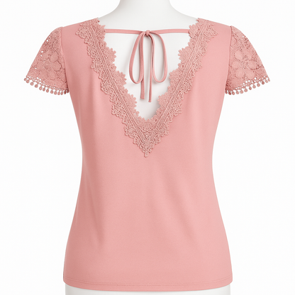 🌸 Camiseta de Talla Grande con Encaje en Empalme y Lazada en la Espalda