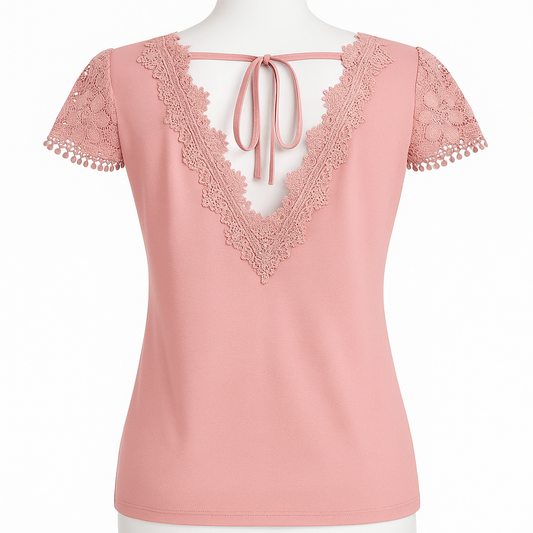 🌸 Camiseta de Talla Grande con Encaje en Empalme y Lazada en la Espalda