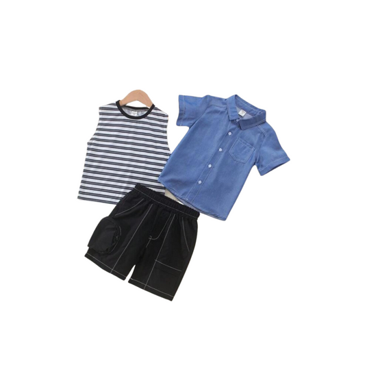 Conjunto Infantil de 3 Piezas - Camisa, Camiseta sin Mangas y Shorts