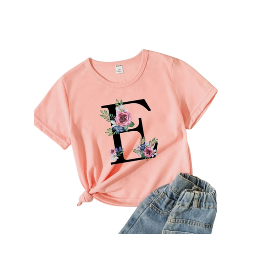 🌸 Polera Infantil Letra "E" con Detalles Florales