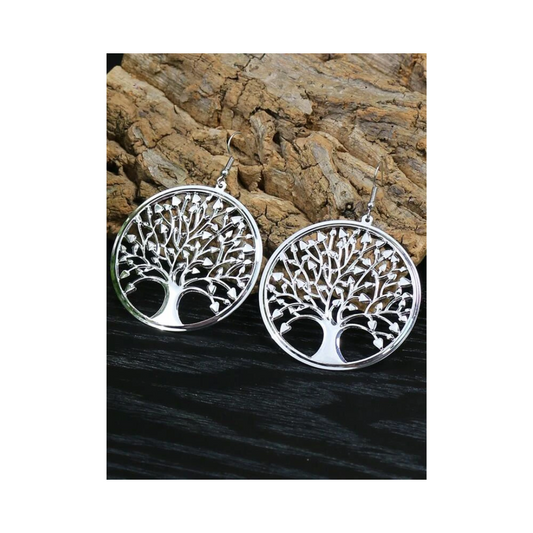 Pendientes Plateados con Diseño de Árbol de la Vida