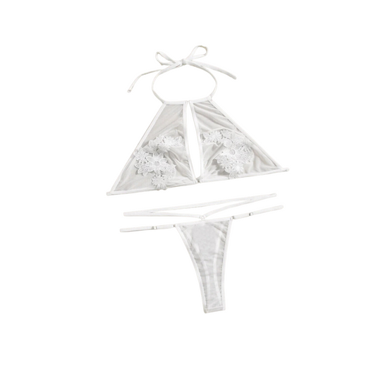 Conjunto Sexy Blanco con Apliques Florales - Transparente