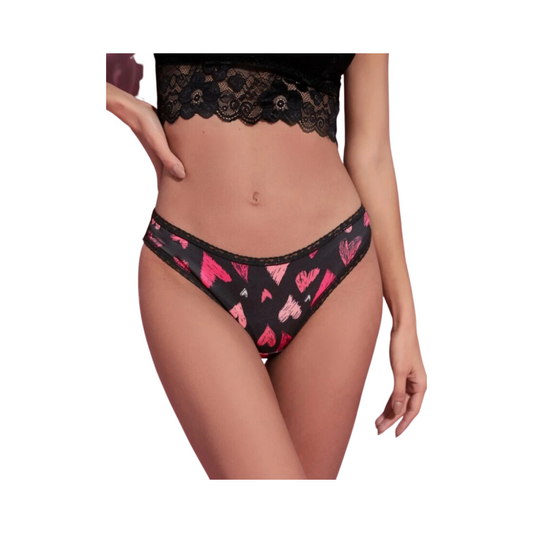 Tanga Negra con Encaje y Estampado de Corazones