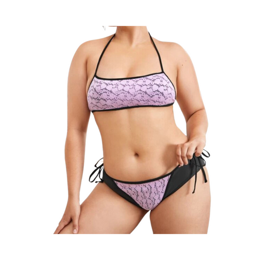Conjunto de Lencería Lila con Detalles en Encaje y Ribete en Contraste