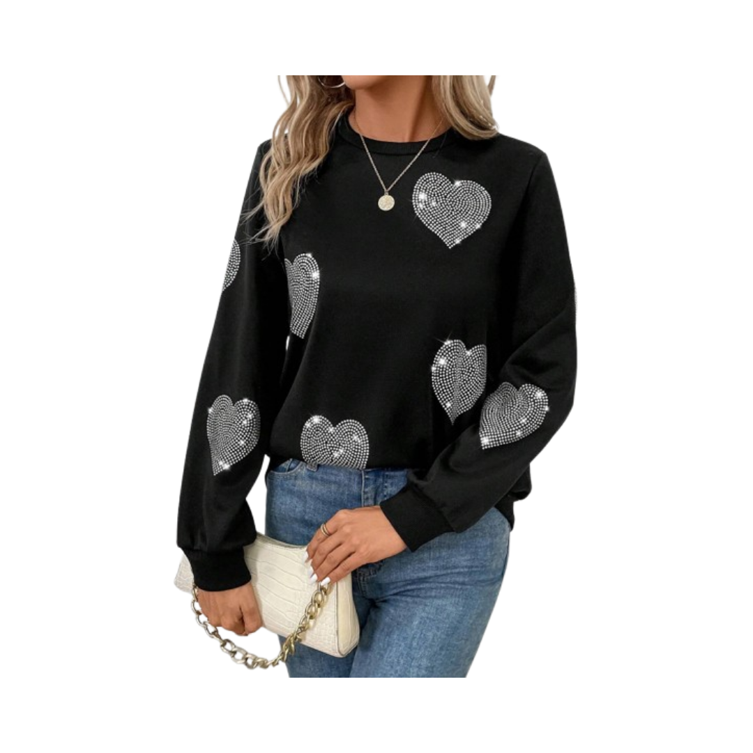 🖤 Sudadera de Cuello Redondo con Diseño de Corazón y Decoración de Strass